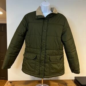 LANDS END Petite Large Barn Field Chore Puffer Coat Olive Logo Detail Sherpa